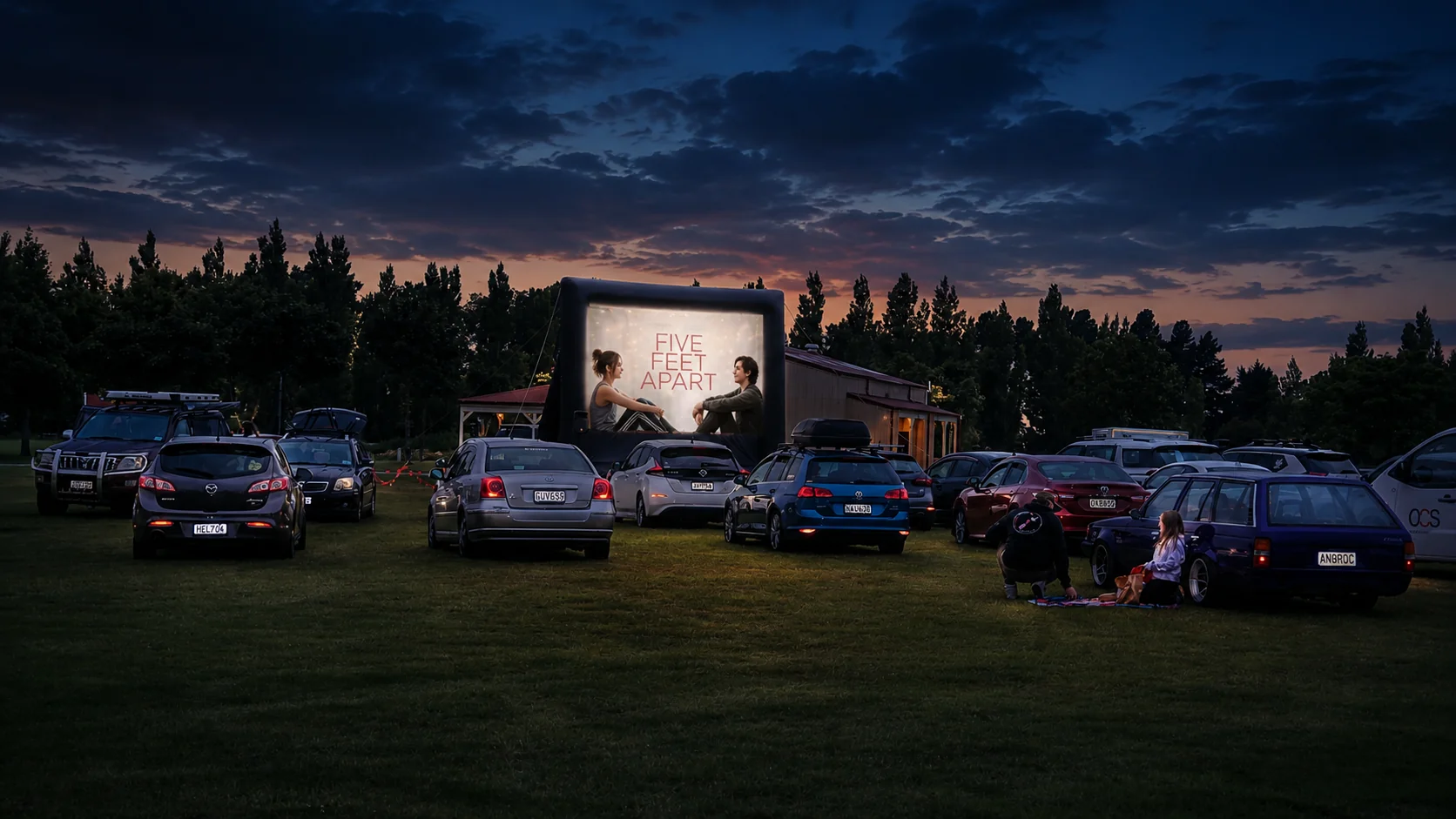 Firefly Cinemas twilight outdoor movie screening in Canterbury with audience watching from cars and picnic blankets