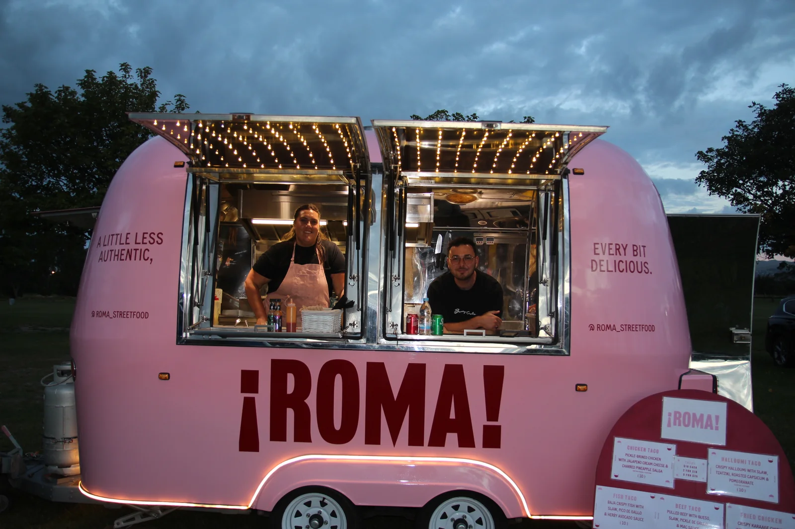 Roma Streetfood pink taco food truck with chefs serving moviegoers at Firefly Cinemas Christchurch